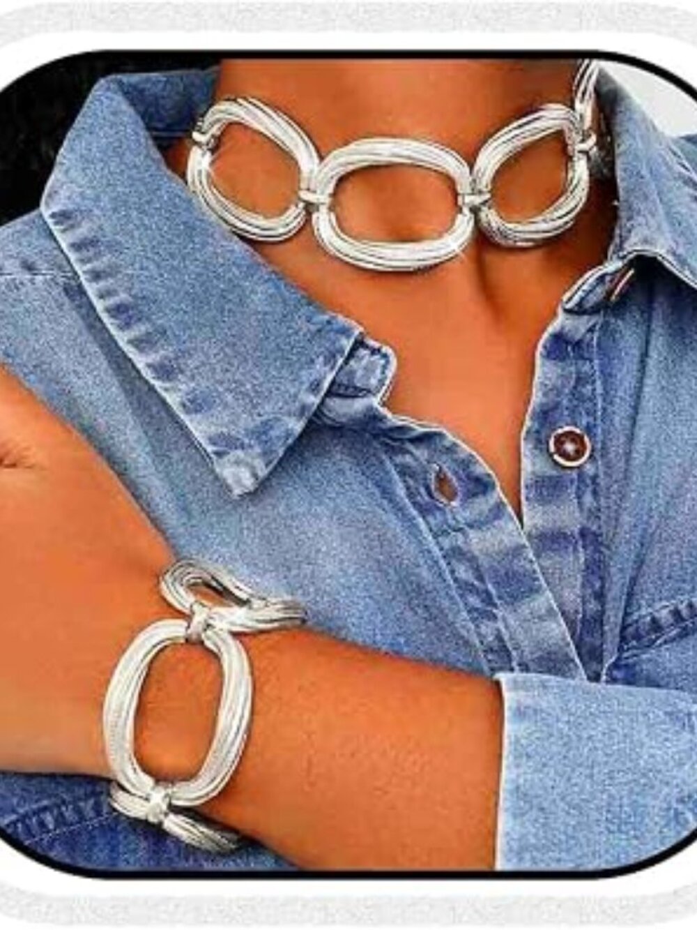 Silver Oval Choker and Bracelet Set Luxury Style Jewelry